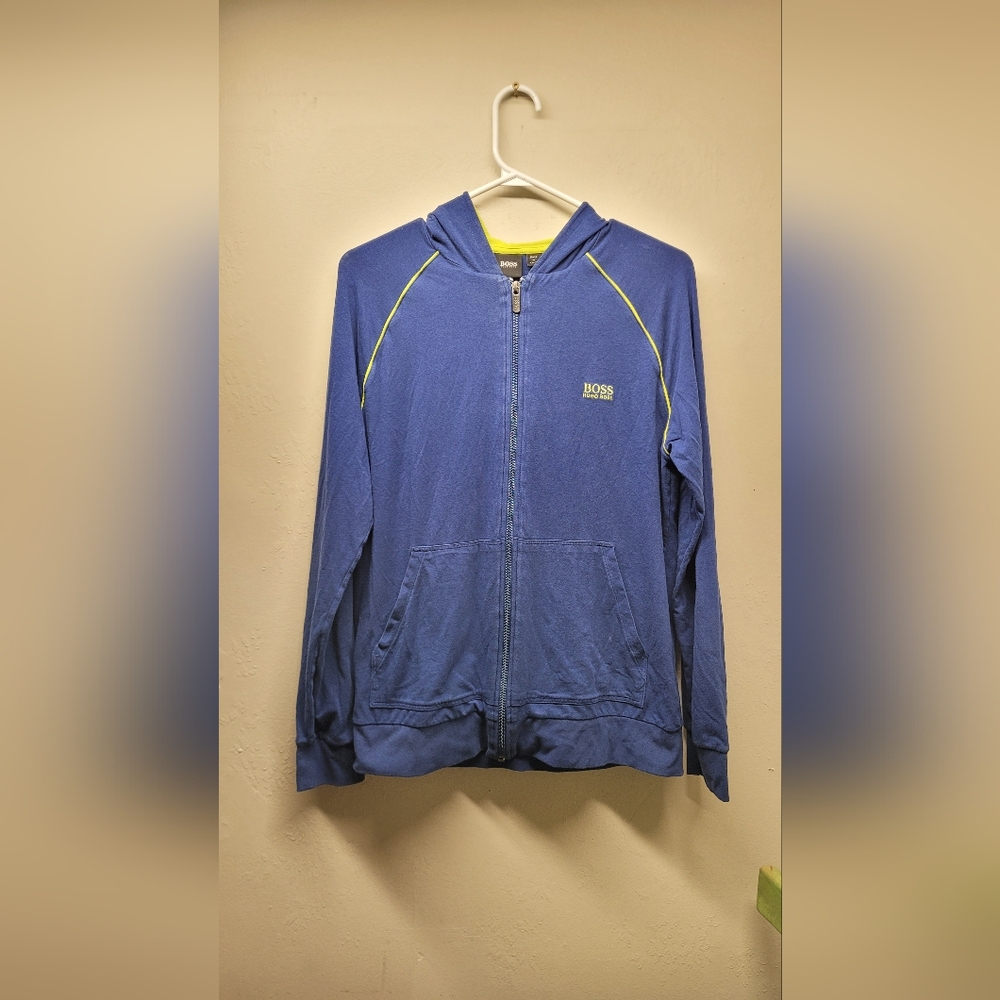 Hugo BOSS small Mens Lounge Jacket blue /lime green full zip stretch comfort